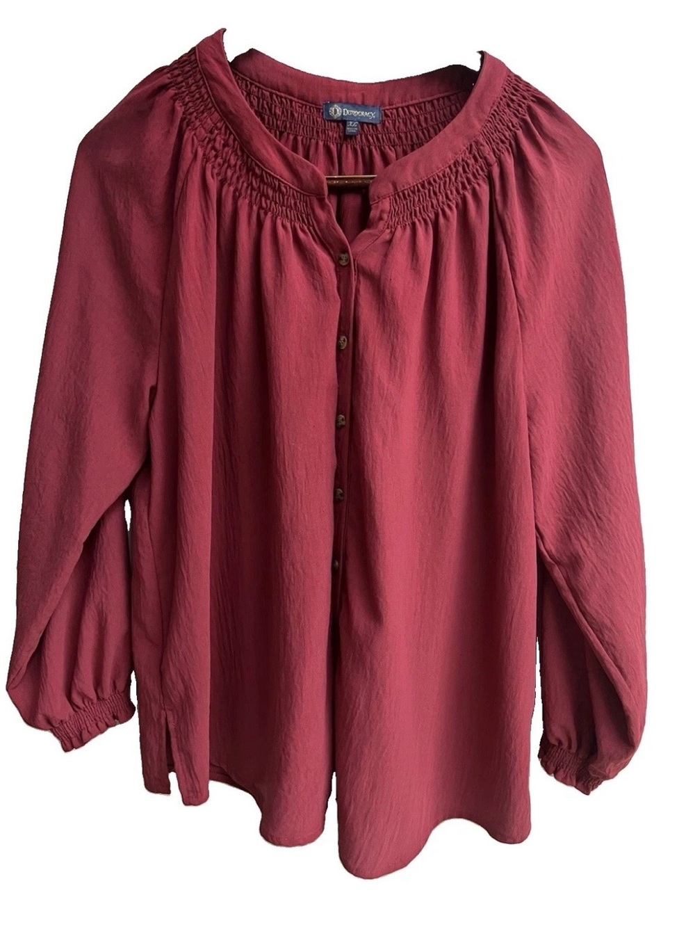 Democracy Blouse XL Burgundy Smocked Yoke Peasant Top Long Balloon Sleeve Crepe